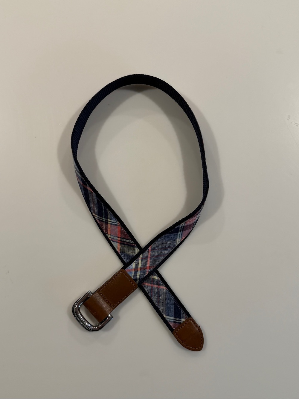 Janie and Jack Navy Plaid Canvas Belt with Brown Trim